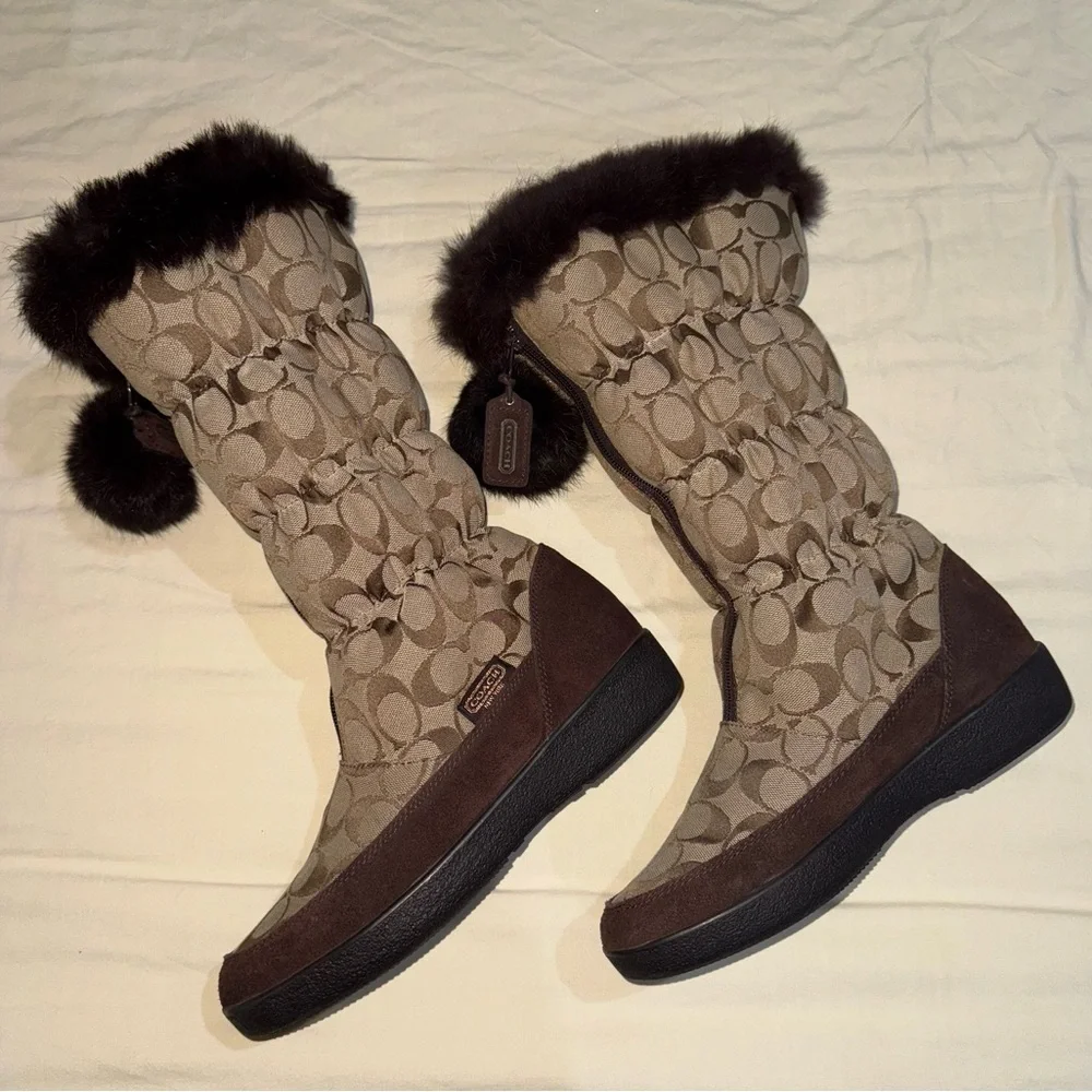 Coach Theona Y2K Signature Monogram Jacquard Rabbit Fur Brown Women’s Boots 8.5